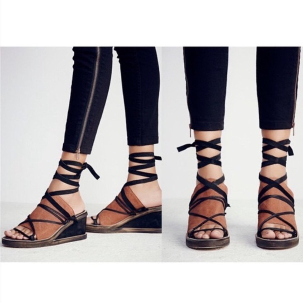 Free People Brown Suede Lace-Up Wedge Sandals with Black Wrap Straps size 38/8